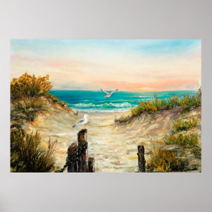 oljemålning av stranddyner med fiskmåsar o poster