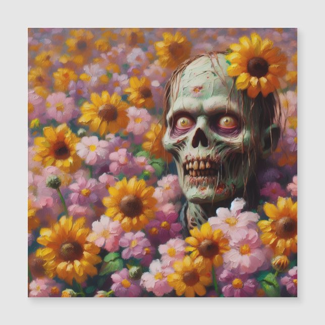 Oljemålning av zombie i blomsterfält Halloween (Framsida)