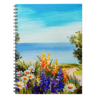 oljemålning blommor nära havet, chamomile fält. anteckningsbok