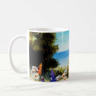 oljemålning blommor nära havet, chamomile fält. kaffemugg