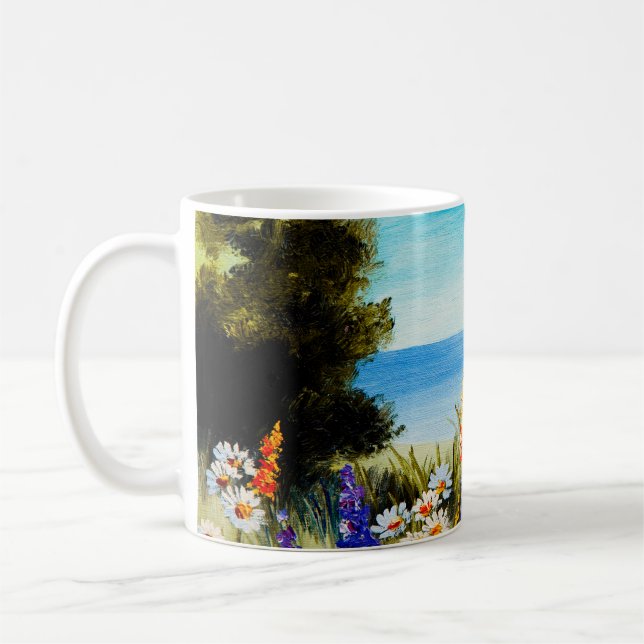 oljemålning blommor nära havet, chamomile fält. kaffemugg (Vänster)