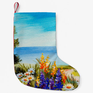 oljemålning blommor nära havet, chamomile fält. liten julstrumpa