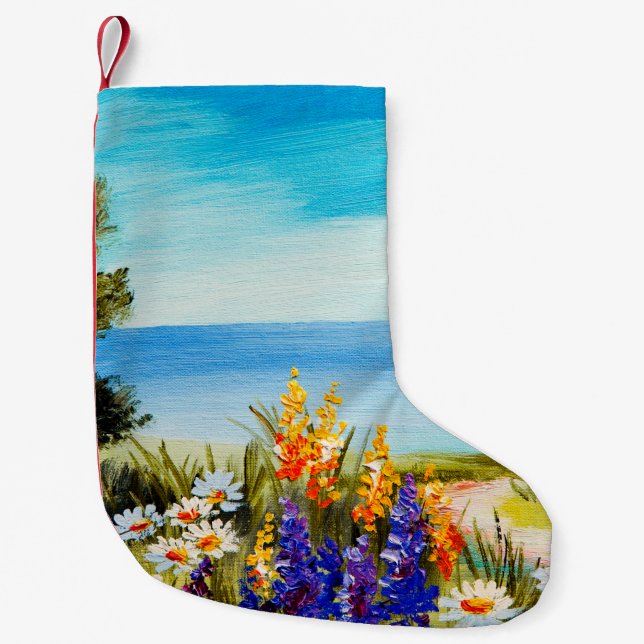 oljemålning blommor nära havet, chamomile fält. liten julstrumpa (Framsidan)