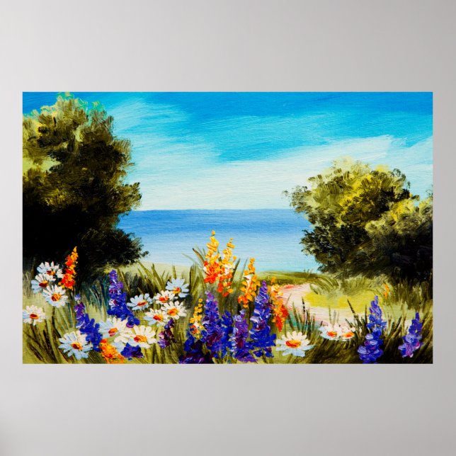 oljemålning blommor nära havet, chamomile fält. poster (Framsidan)