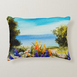 oljemålning blommor nära havet, chamomile fält. prydnadskudde