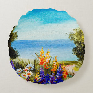 oljemålning blommor nära havet, chamomile fält. rund kudde
