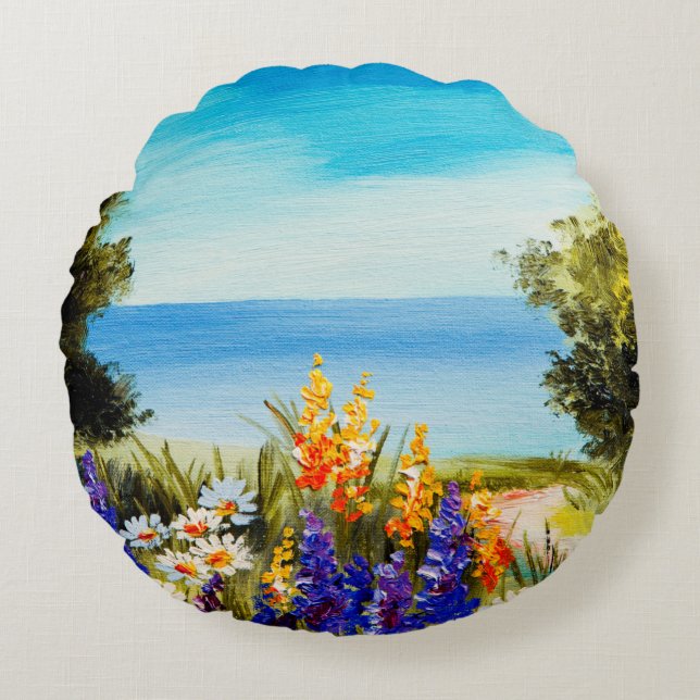 oljemålning blommor nära havet, chamomile fält. rund kudde (Framsidan)
