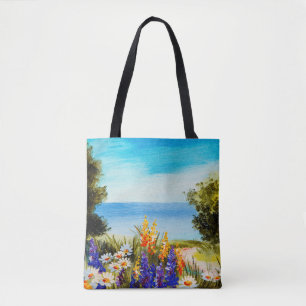oljemålning blommor nära havet, chamomile fält. tygkasse