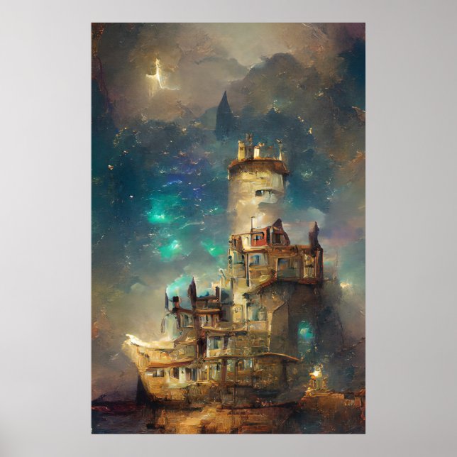 Oljemålning Castle, Castle in Starry Natt, Retro Poster (Framsidan)