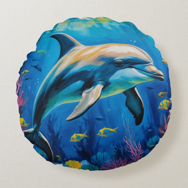 Oljemålning Dolphin Rund Kudde (Framsidan)