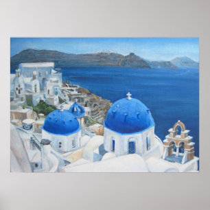 Oljemålning för Santorini Oia blåttkyrka Poster