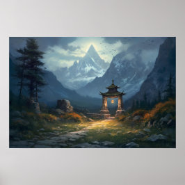 Oljemålning, gammal sten väg genom asiatisk gatewa poster