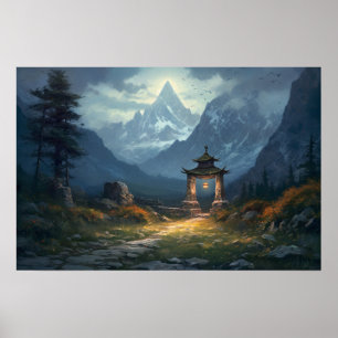 Oljemålning, gammal sten väg genom asiatisk gatewa poster