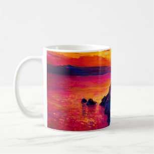 oljemålning på arbetsyta. Solnedgång över ön. M Kaffemugg