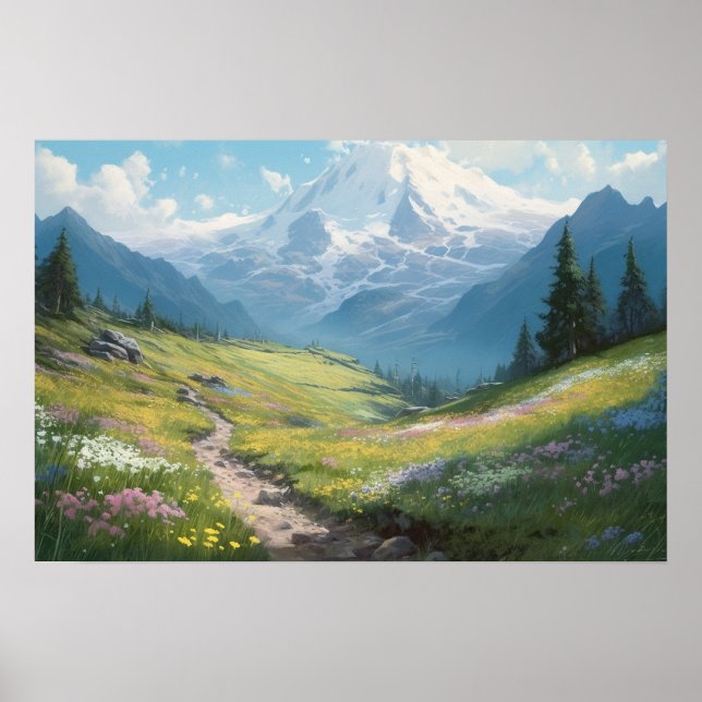 Oljemålning som lindar väg fotgängare i bergsområd poster (Framsidan)