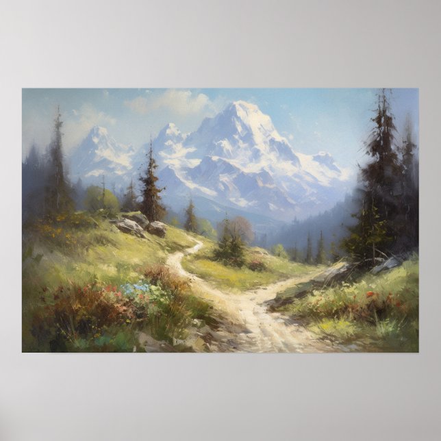 Oljemålning som lindrar väg fotgängare i bergsområ poster (Framsidan)