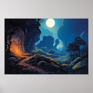 Oljemålning surrealistisk lindning av väg i månlju poster