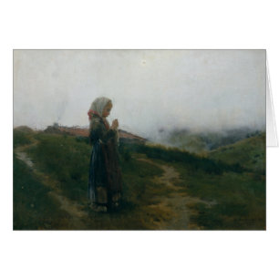 Oljemålning Young Girl Knitting Scenia Landscape Hälsningskort