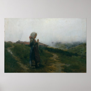 Oljemålning Young Girl Knitting Scenia Landscape Poster