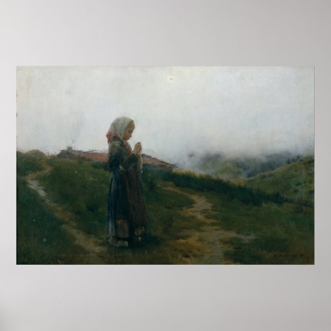 Oljemålning Young Girl Knitting Scenia Landscape Poster (Framsidan)