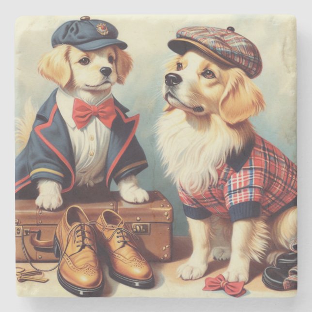 Oljemålningen Cute Retro Hundar Stenunderlägg (Framsidan)