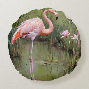 Oljemålningen Flamingo Vatten Lilies and Reeds Rund Kudde
