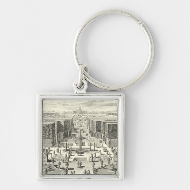 Oljemålningen Fontän i Garden of Versailles Fyrkantig Silverfärgad Nyckelring (Framsidan)