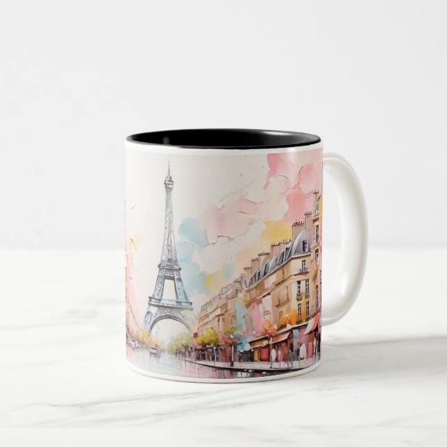 Oljemålningen Paris och Eiffel Torn. Två-Tonad Mugg (Framsida höger)