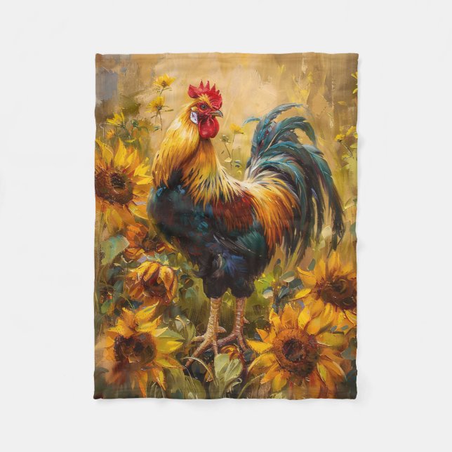 Oljemålningen tupp och solblommor fleecefilt (Framsidan)