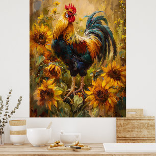 Oljemålningen tupp och solblommor poster