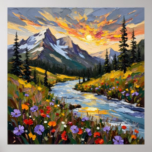 Oljemålningen Vibrant Mountain Sunrise Square Poster