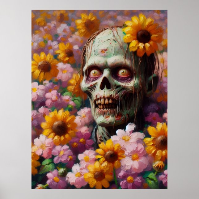 Oljemålningen Zombie i Flower Fält Halloween Poster (Framsidan)