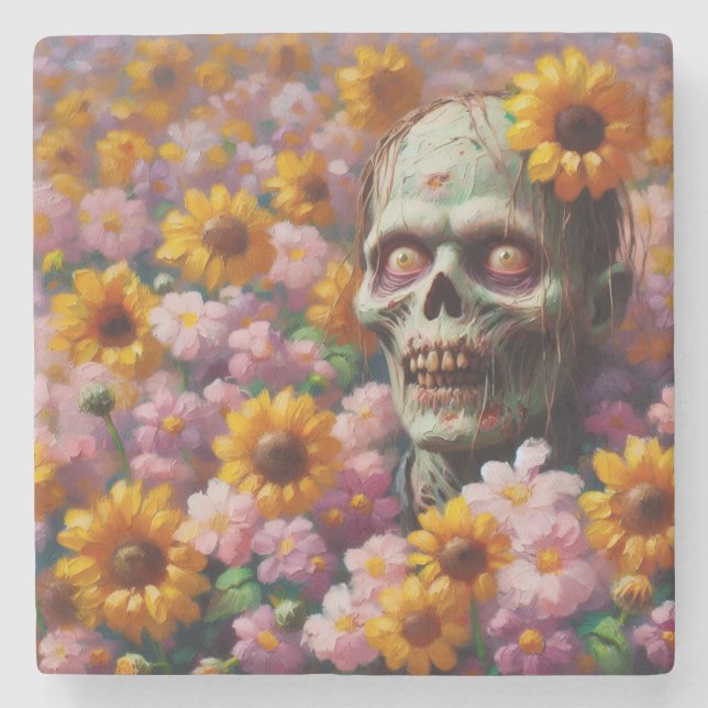 Oljemålningen Zombie i Flower Fält Halloween Stenunderlägg (Framsidan)