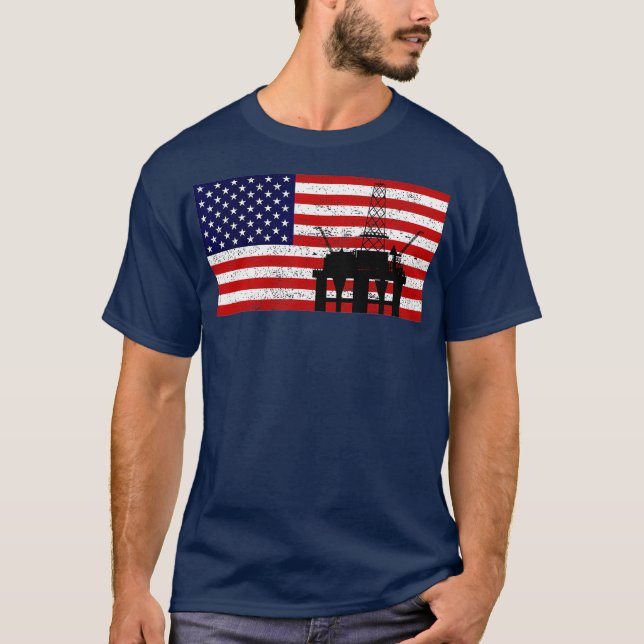Oljepump Energi Industriell Maskin USA flagga T Shirt (Framsida)