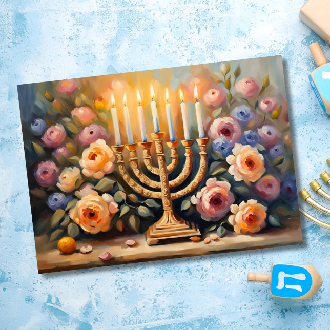 Oljermålad Blommigt Lit Menorah Kort (Skapare uppladdad)