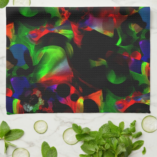 Oljig grönt och rödfläckar med mörk kökshandduk (Vikta)