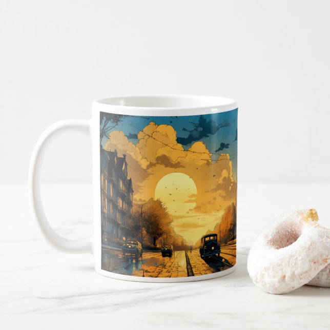 Oljimålning av staden och solen kaffemugg (Med munk)