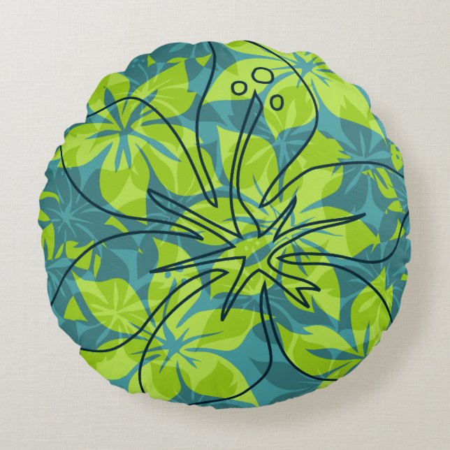 Olowalu Hibiscus Hawaiian Kamouflage Reversibel Rund Kudde (Framsidan)