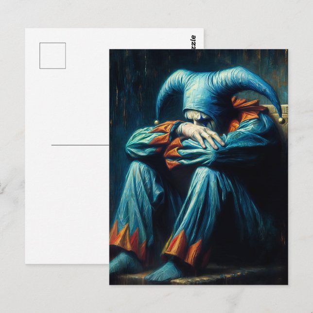Olycklig Jester Wearing Blue och Orange Vykort (Fram/baksida)