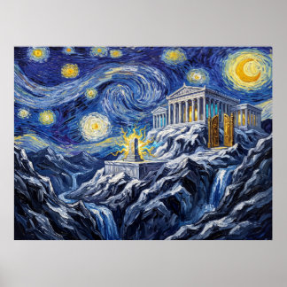 Olympus stjärnklara natt mytologiskt landskap poster