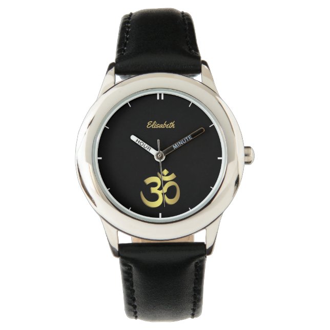 Om ( Aum ) symbolen Namaste yoga namn black Armbandsur (Framsida)