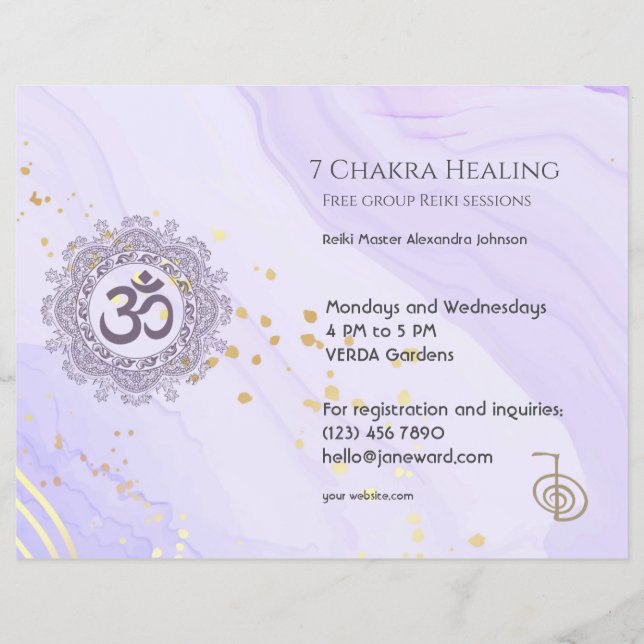 OM Chakra Energy Healer Reiki Lila Vågrät Reklamblad (Framsidan)