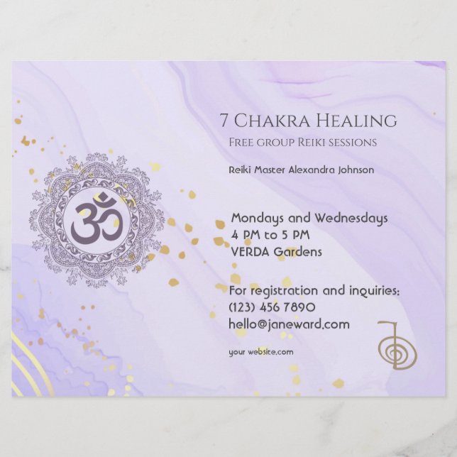 OM Chakra Energy Healer Reiki Lila Vågrät Reklamblad (Framsidan)