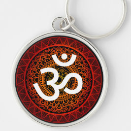 Om Chakra mandala red Rund Silverfärgad Nyckelring