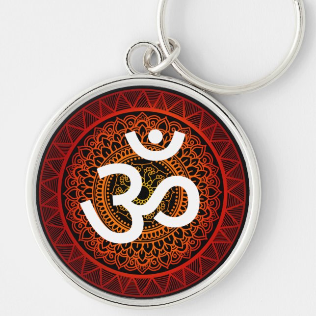 Om Chakra mandala red Rund Silverfärgad Nyckelring (Framsidan)