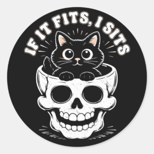 Om det passar sitter jag Svart katt skalle Minimal Runt Klistermärke