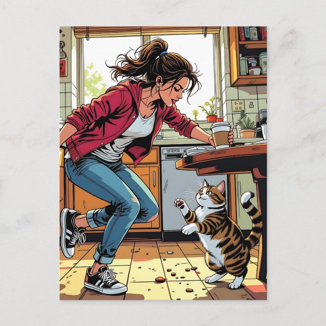 Om du behöver mig, ring mig! | Funny kaffe och kat Vykort (Framsida)