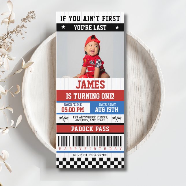 Om du inte är första Tävlan är du sista födelsedag Inbjudningar (If you ain't first, you're last Race Car Racing 1st Birthday Invitation with Photo Ticket)
