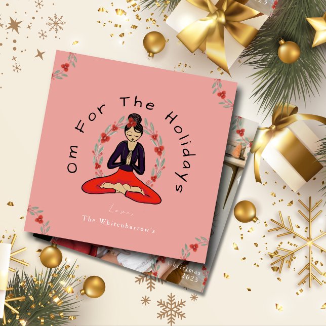 'Om For The Holidays' Yoga and Wreath Holiday Card Julkort (Fun Yogi Holiday Card with Yoga Girl and Wreath Art, 'Om for the Holidays' Greeting and your Photo!)