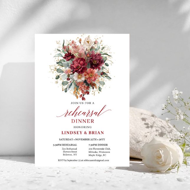 Öm Höst Burgundy Blommig Övningsmiddagsinbjudan Inbjudningar (Tender Fall Burgundy Floral Rehearsal Dinner Invite

)